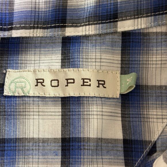 Roper Embroidered Western Top Women Size Medium Blue Plaid Pearl Snap - Picture 7 of 9